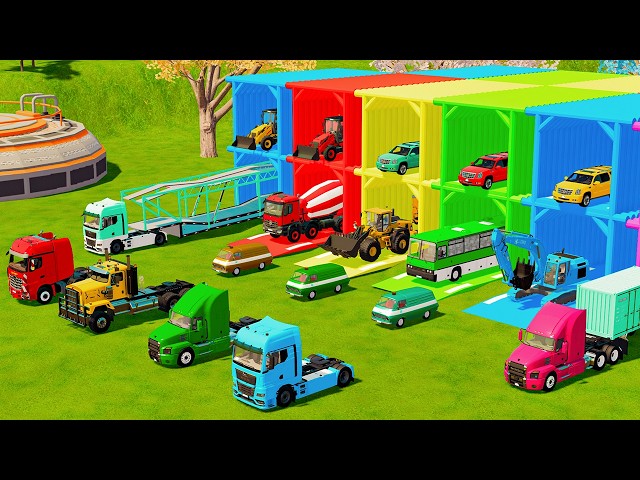 TRANSPORTING AMBULANCE, FIRE ENGINE, WHEEL LOADER, EXCAVATOR & MIXER TRUCK TO GARAGE - FS22