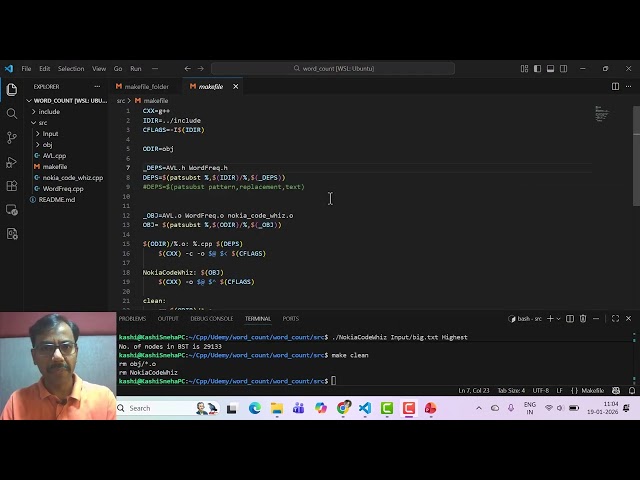 Writing Makefile for "Word frequency count program in C/C++ using BST" - Organized files in folders