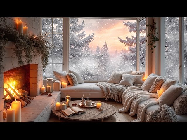 Quiet Winter Cabin Evening ❄️🔥 Crackling Fireplace, Falling Snow & Sunset Glow