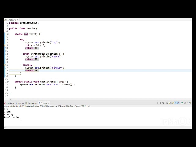 Try catch return - predict output - java - Explained  In tamil