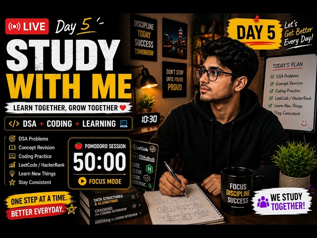 LIVE | Study With Me Day 5 📚 | DSA + LeetCode + Development | 3 Hours Pomodoro Timer