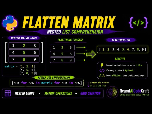 Python Nested List Comprehension | Flattening a list of lists : Nested list (matrix) into flat list