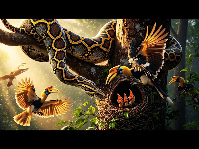 A Giant Python Attacked the Hornbill Nest—But the Brave Male Refused to Abandon His Family!