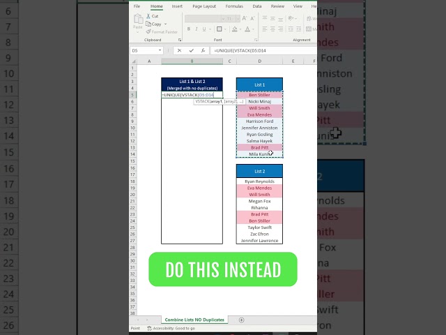 Combine Lists without Duplicates in Excel #shorts