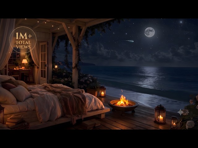 [No Ads] Calming Waves for Sleep🌙 24/7 Live Ocean Sounds & Fire | Cozy Night Porch Ambience