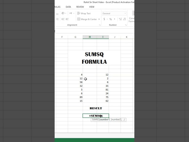 Excel SUMSQ Formula 🔥 | Numbers ke Squares ka Sum Ek Formula Se | Excel Tricks #excel #excelshorts