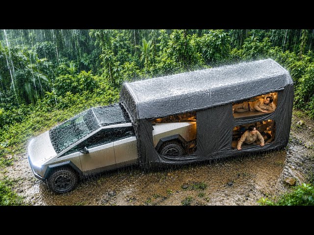 Camping in HEAVY RAIN | Two-Story Inflatable Tent Connected to a Cybertruck