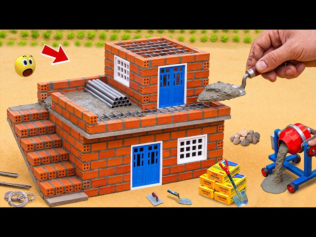 DIY Mini Tractor Building Mini 2-Story Brick House with Rooftop Terrace | Science Project