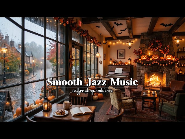 Cozy Autumn Rain & Smooth Jazz Music ☕Relaxing Coffee Shop Ambience with Fireplace for Study & Focus