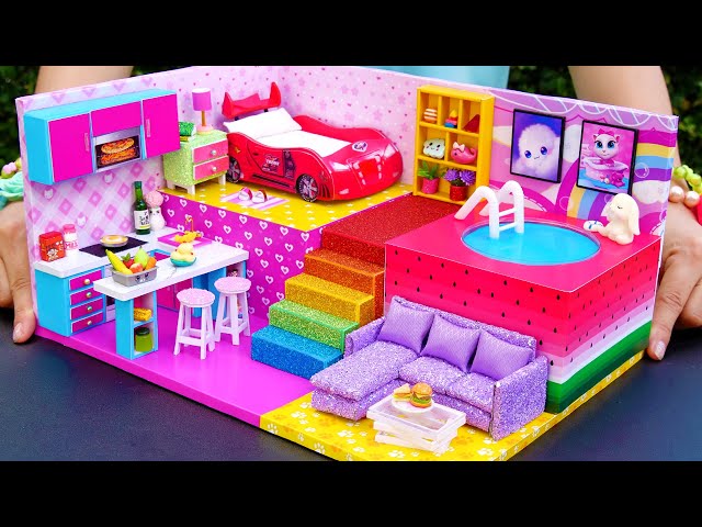 DIY Miniature House ❤️ Girly Bedroom, Swimming Pool, Kitchen from Polymer Clay & Cardboard