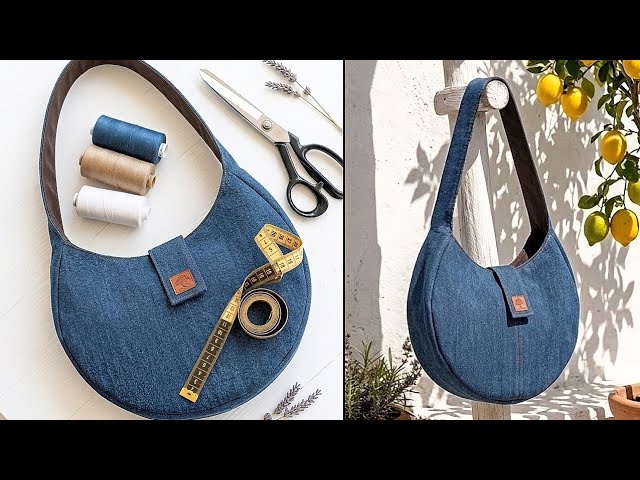 🌿 DIY Round Minimalist No Zipper Denim Shoulder Bag Out of Old Jeans 🌱 Bag Tutorial 🍃 Upcycled Craft