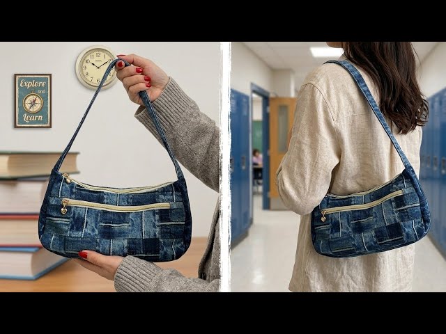 DIY Patchwork Shoulder Bag from Denim Waistbands ♻️ Upcycled Sewing Ideas 💡