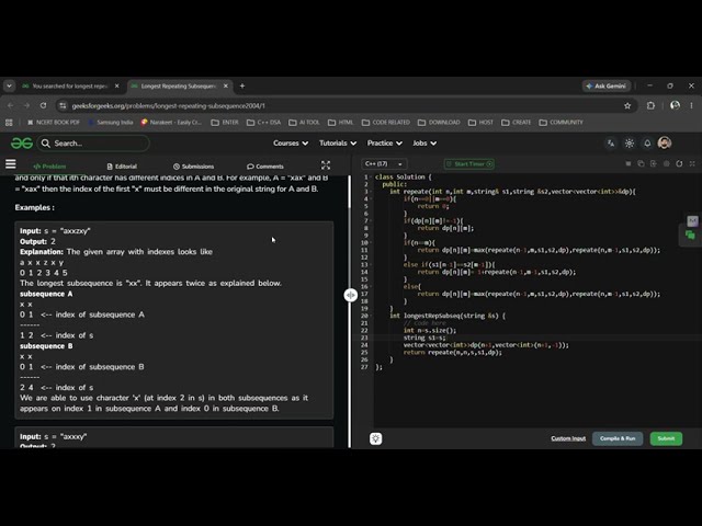 Longest Repeating Subsequence | GFG Solution in C++ | Dynamic Programming (Top To Bottom)