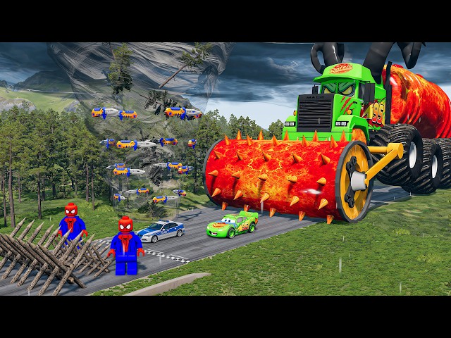 Giant LAVA TANK BULLDOZER Mack Truck VS Cars Lightning McQueen & Police Car Downhill RaceBNG.Drive