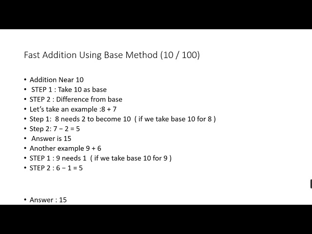 Lesson 6 Vedic Maths : Fast Addition Tricks Using Base 10 & 100