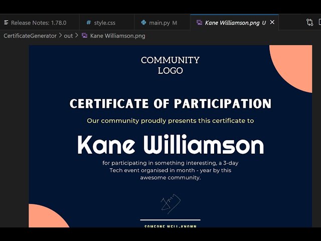 Python Reportlab & Pillow Script to Generate Bulk Certificates as PNG Image & PDF With Custom Fonts