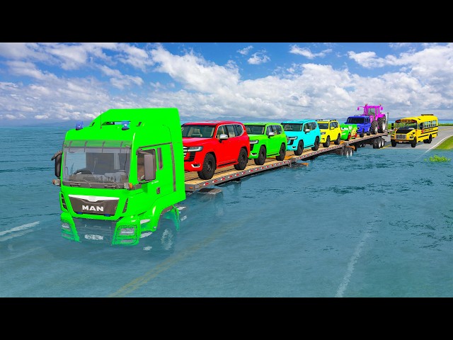Triple Flatbed Trailer McQueen Transportation with Truck - Speedbumps vs Cars vs Train - BeamNG #327
