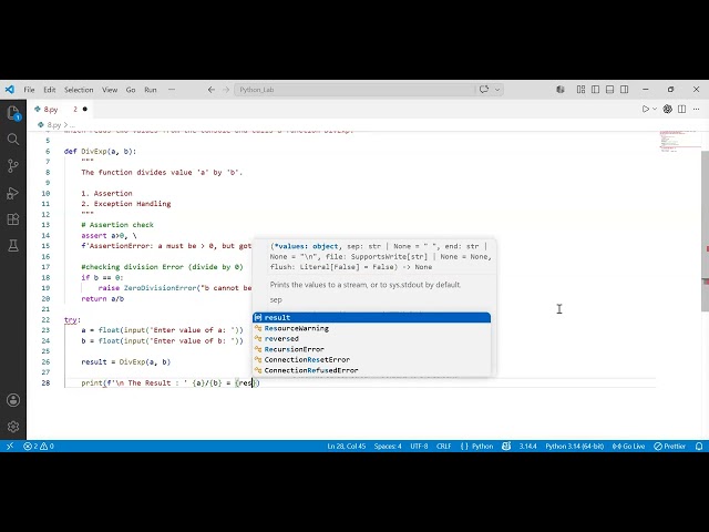 Experiment 8 - Python Program to demonstrate Assertion and Exception Handling using DivExp function
