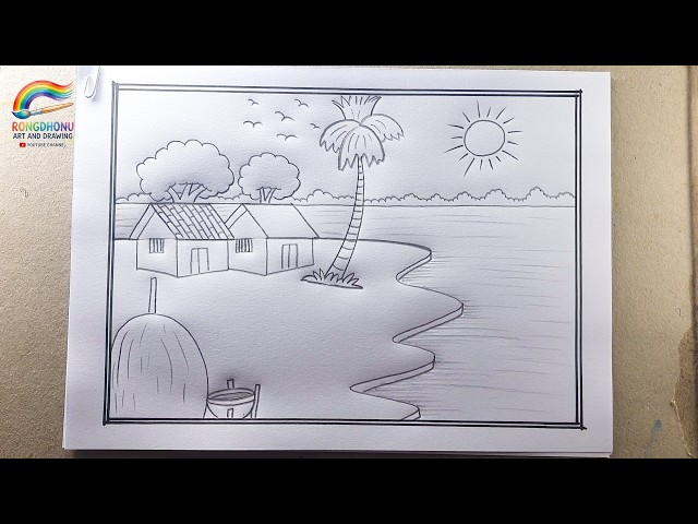 Easy Village Scenery Drawing | Beautiful Nature Landscape Drawing Step by Step