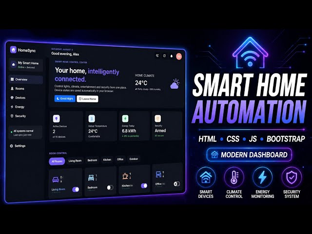 HomeSync – Smart Home Automation Dashboard | HTML CSS JavaScript Bootstrap