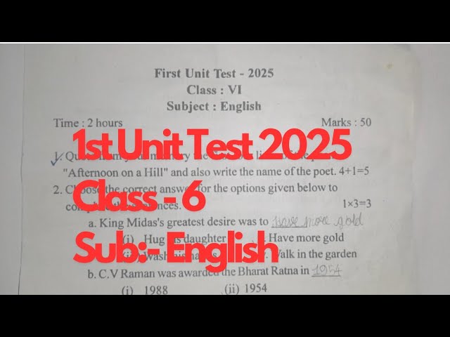 Class 6 1st unit test 2025 English/seba board Govt school #1stunittest2025class6english