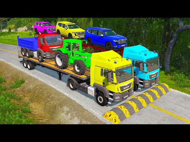 Flatbed Trailer McQueen Transportation with Truck - Speedbumps vs Cars vs Train - BeamNG #307