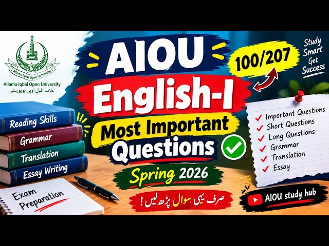 AIOU Code 100/207 English-I Important Questions 2026 | Spring 2026 Exam Preparation | Guess Paper