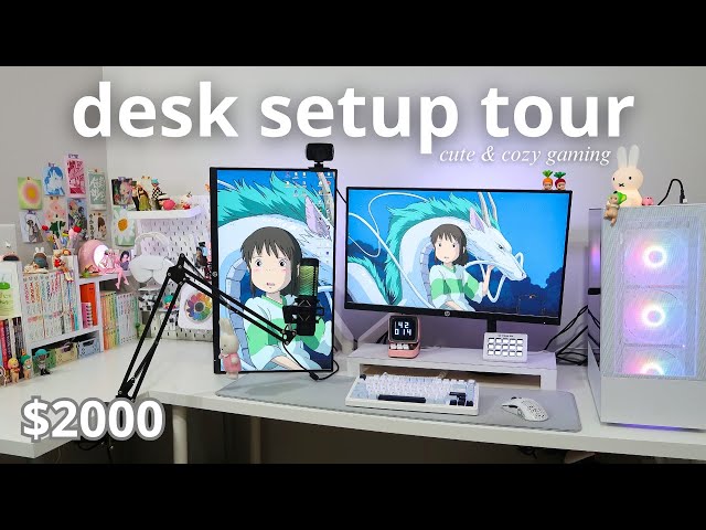 desk setup tour: for cozy gaming, pinterest inspired, cute aesthetic, trinkets, manga ($2,000+)