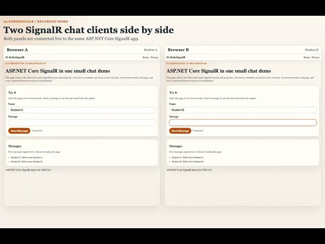 ASP.NET Core SignalR Demo (.NET 10): Two Embedded Chat Panels in Real Time