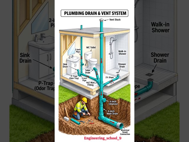 Plumbing Drain & Vent System Explained🔥 | P-Trap, Vent Stack, Main Drain & Sewer Connection🏠😱