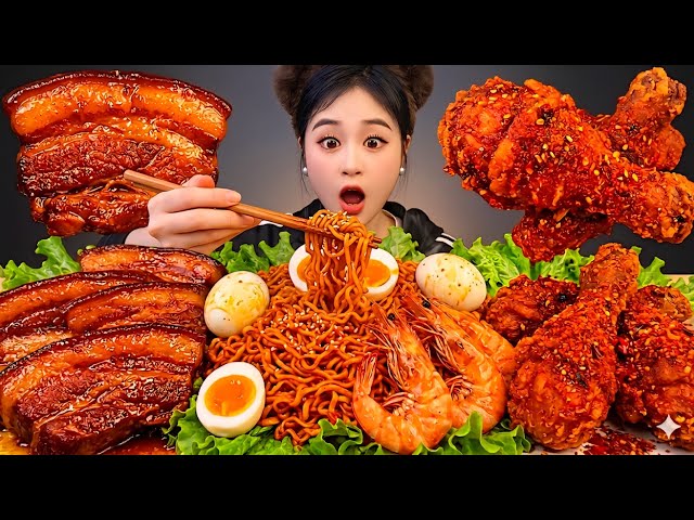 ASMR Chinese Food Mukbang | Spicy Noodles, Braised Pork Belly & Rice!Massive Eating Sounds | 食べ | 吃播