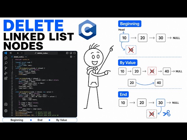 Deleting Nodes in a Singly Linked List in C | Beginning, End & By Value (Full Tutorial)