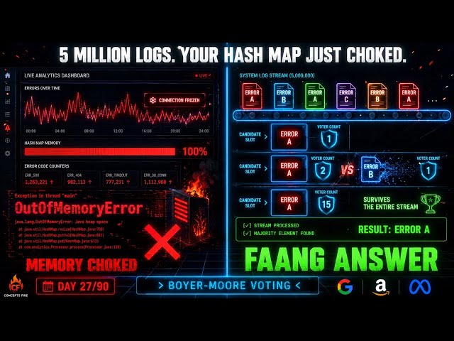 DSA Day 27/90: Hash Maps Choke Live Dashboards — Boyer-Moore Voting Fix | Concepts Fire