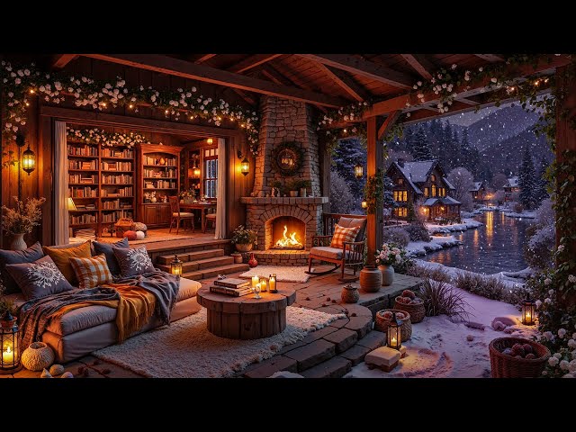 Winter Jazz Music with Fireplace Sounds ❄️ Lakeside Porch Ambience & Gently Snowfall for Relaxing
