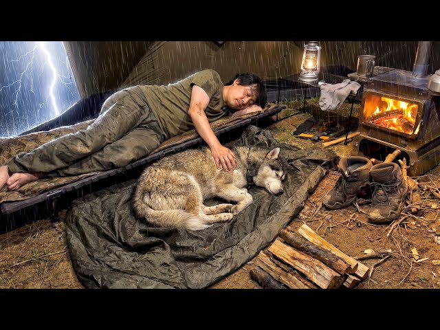 Camping in HEAVY RAIN 🌧️ Hot Tent Camping in Thunderstorm with My Dog