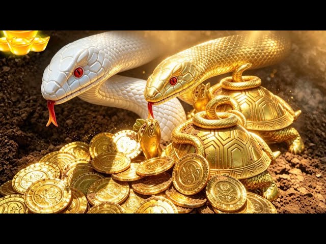 Found glittering treasure guarded by a giant snake! The piles of gold create a breathtaking scene
