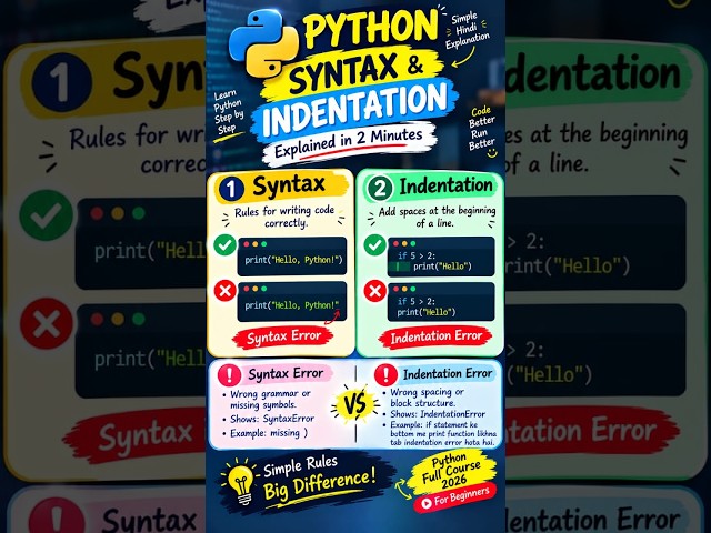 🐍 Python Syntax & Indentation Explained in 2 Minutes | Beginners Must Know! #shorts #learnpython