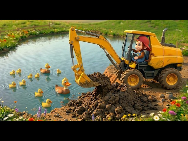Monkey Cartoon Doing Farm Work With Funny Animals On Farm, Rescue The Goat With An Excavator