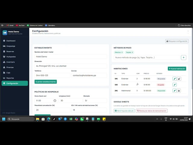 🏨 Sistema Profesional de Hospedaje | Módulo de Configuraciones – Google Sheets + Apps Script