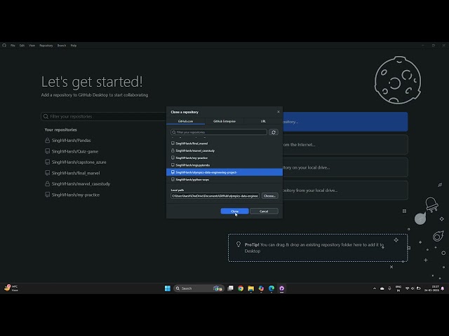 Clone your repository from github.com to your local system using GitHub desktop