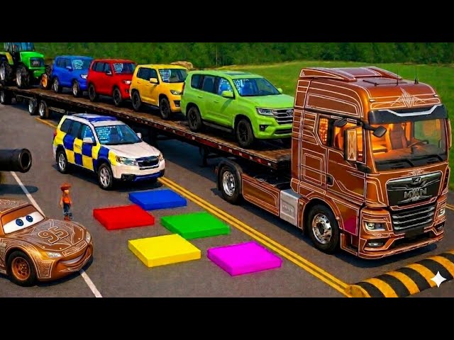 Flatbed Trailer Mcqueen Transportation with Truck | Cars vs Speedbumps vs Train | BeamNG.Drive #73