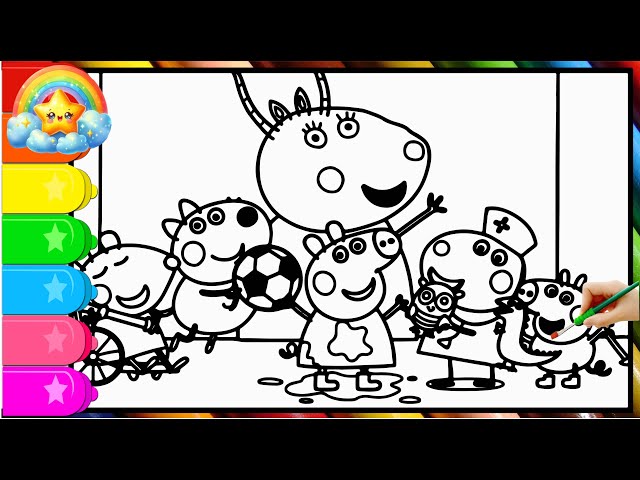 Peppa Pig play football with her friends 🐷|  Learn to draw and color peppa pig page