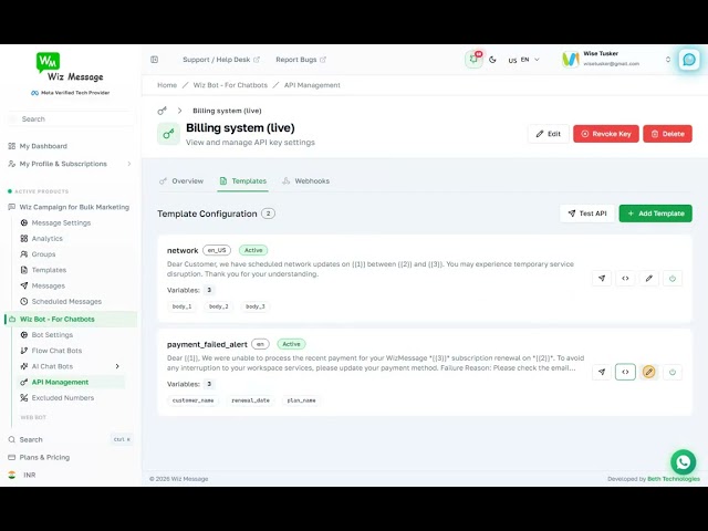 WizMessage API Management — Try It, Get Code, Edit and Webhooks