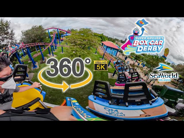 VR 360 5K Super Grover's Box Car Derby Roller Coaster On Ride POV SeaWorld Orlando 2020 11 01