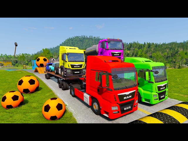 Flatbed Trailer McQueen Transportation with Truck - Speed Bumps vs Cars vs Metal Train - BeamNG