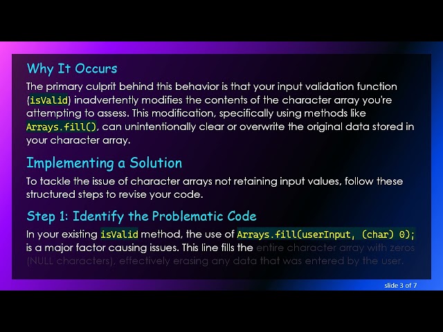 Resolving char Array Values Not Retaining User Input in Java