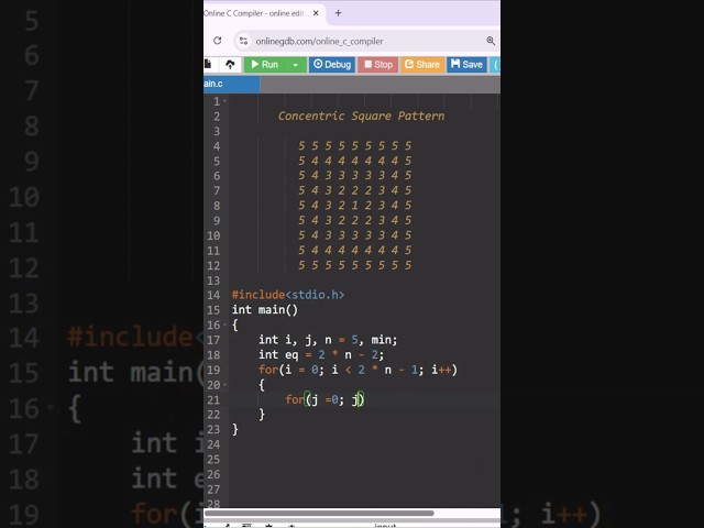 Print Concentric Square Pattern in C | C Programming |  #clanguage #smartphone #cprogramming #coding