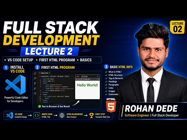 Full Stack Development Lecture 2 | VS Code Setup + First HTML Program | HTML Basics