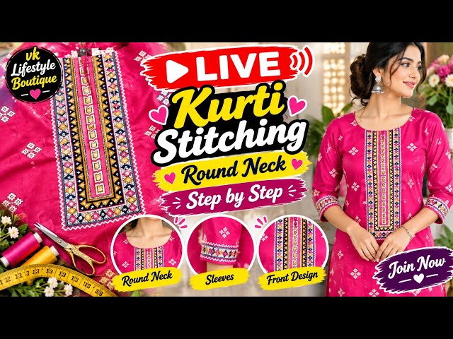 LIVE Kurti Stitching ✂️💛 | Beautiful Round Neck Kurti | Step by Step | #KurtiStitching #KurtiDesign