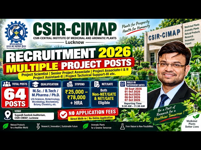 Walk-In Interview: CSIR-CIMAP Recruitment 2026 | 64 Posts (Stipend up to ₹78,000 + HRA) | No Fees!